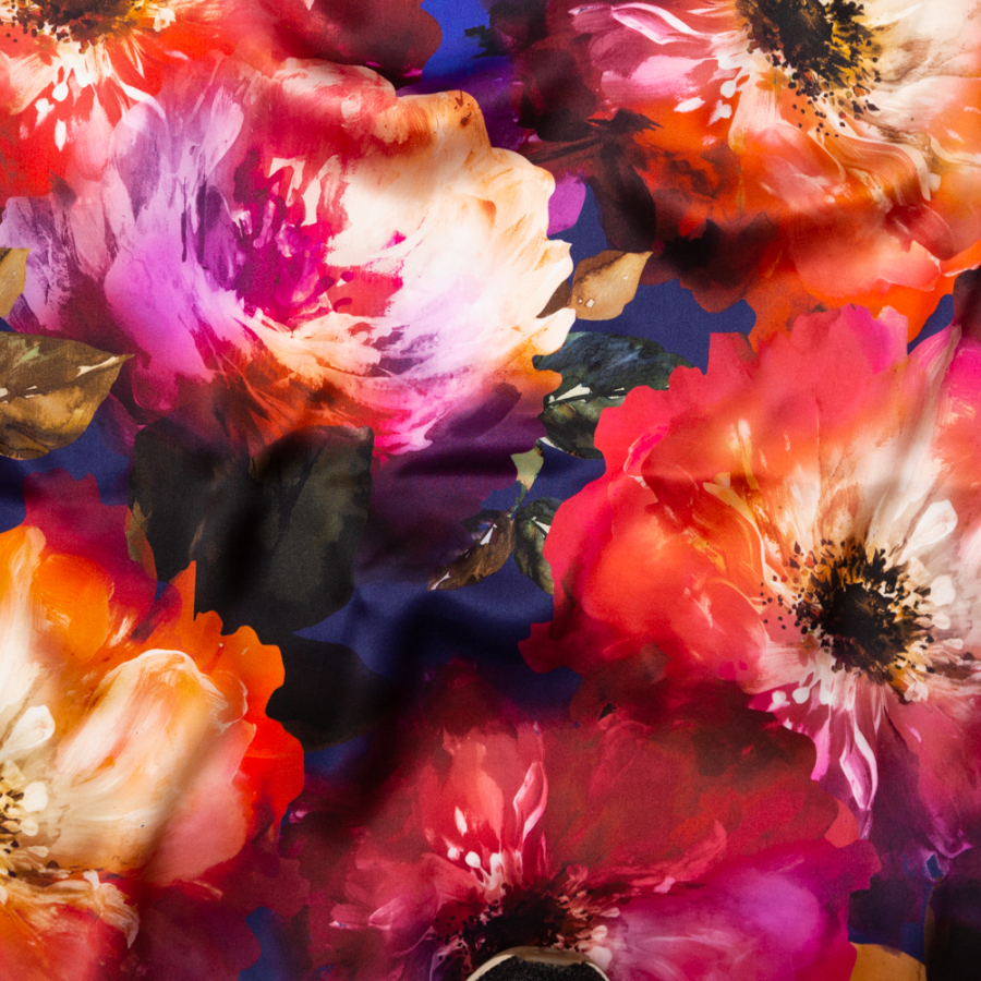 Italian Pink, Orange and Blue Painterly Floral Digitally Printed Silk Charmeuse | Mood Fabrics