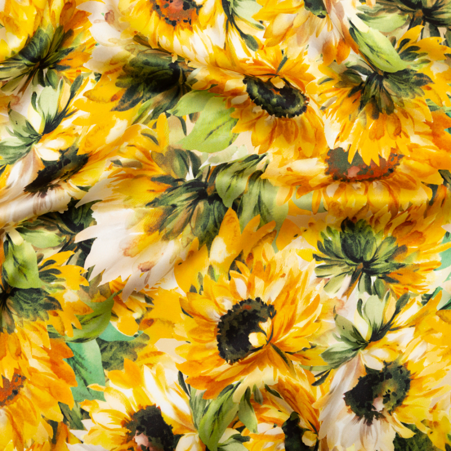 Italian Yellow and Green Sunflowers Digitally Printed Silk Charmeuse | Mood Fabrics