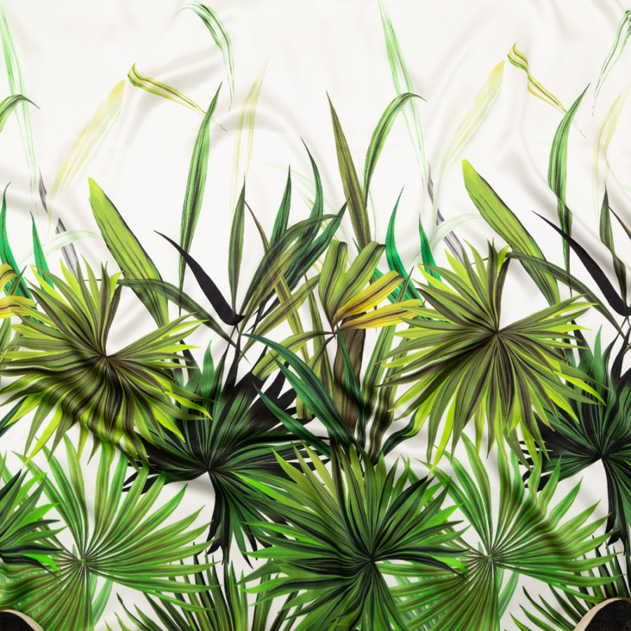 Italian Green and White Alyssum Palm Leaves Digitally Printed Silk Charmeuse Panel | Mood Fabrics