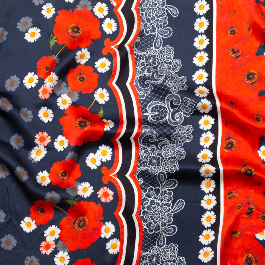 Italian Navy, Red and Gray Floral Border Digitally Printed Silk Charmeuse | Mood Fabrics