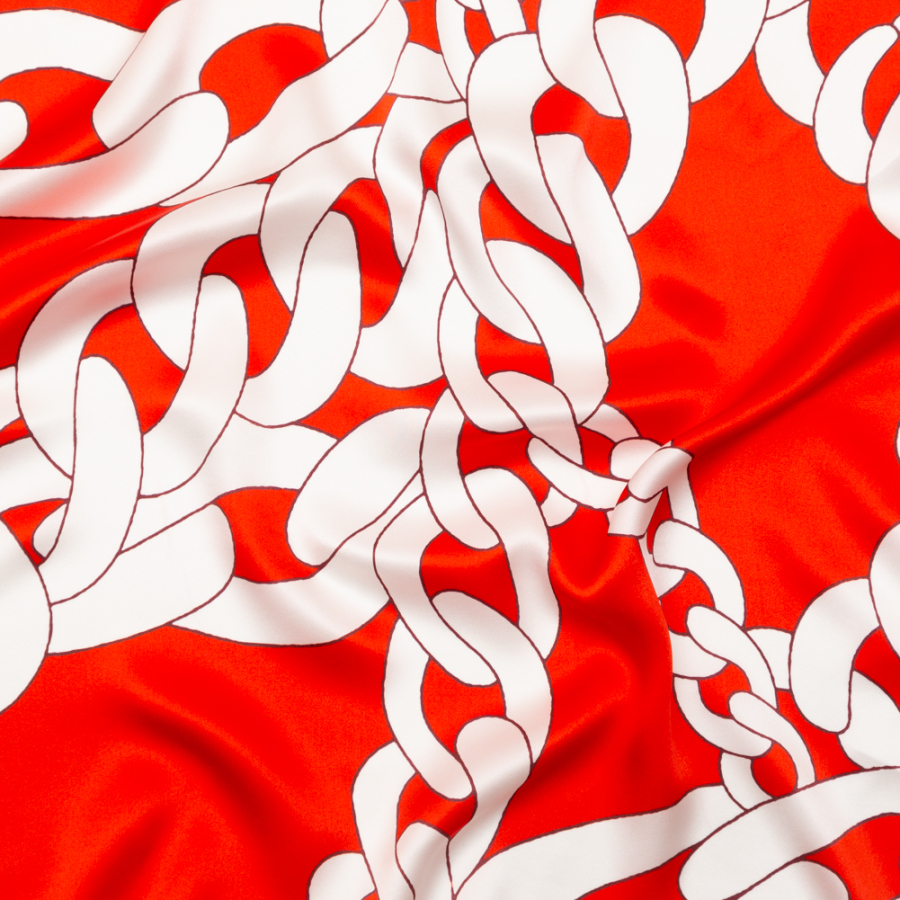 Italian Red and White Large Chains Digitally Printed Silk Charmeuse | Mood Fabrics