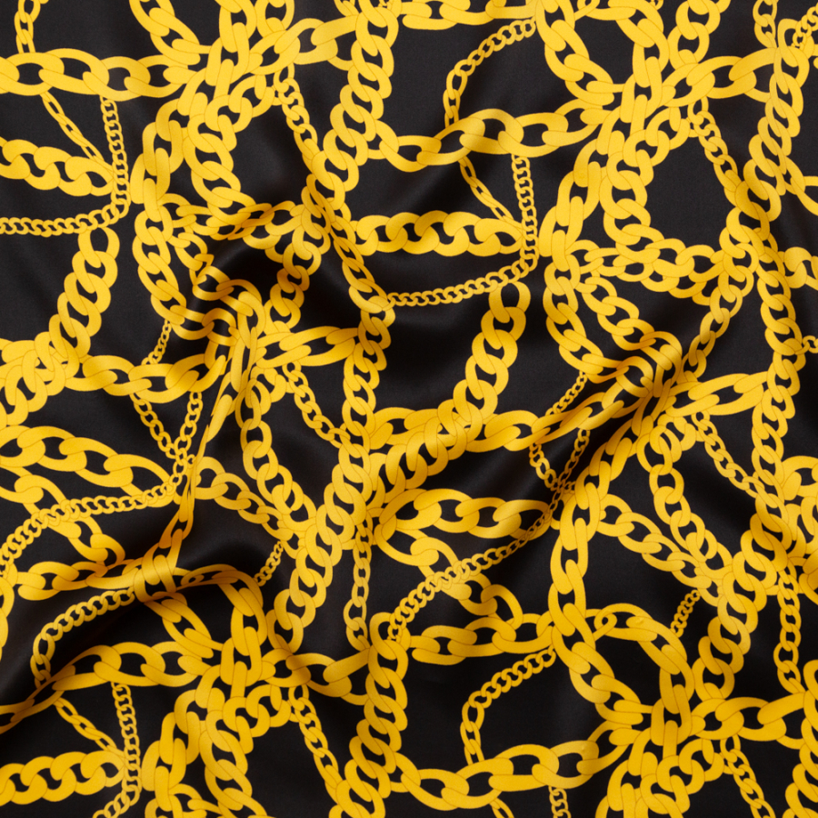 Italian Black and Gold Chains Digitally Printed Silk Charmeuse | Mood Fabrics