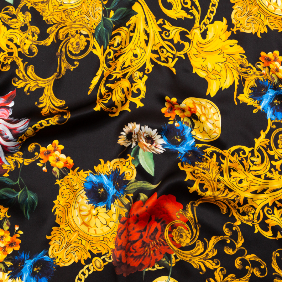 Italian Black and Gold Ornate Floral Digitally Printed Silk Charmeuse | Mood Fabrics