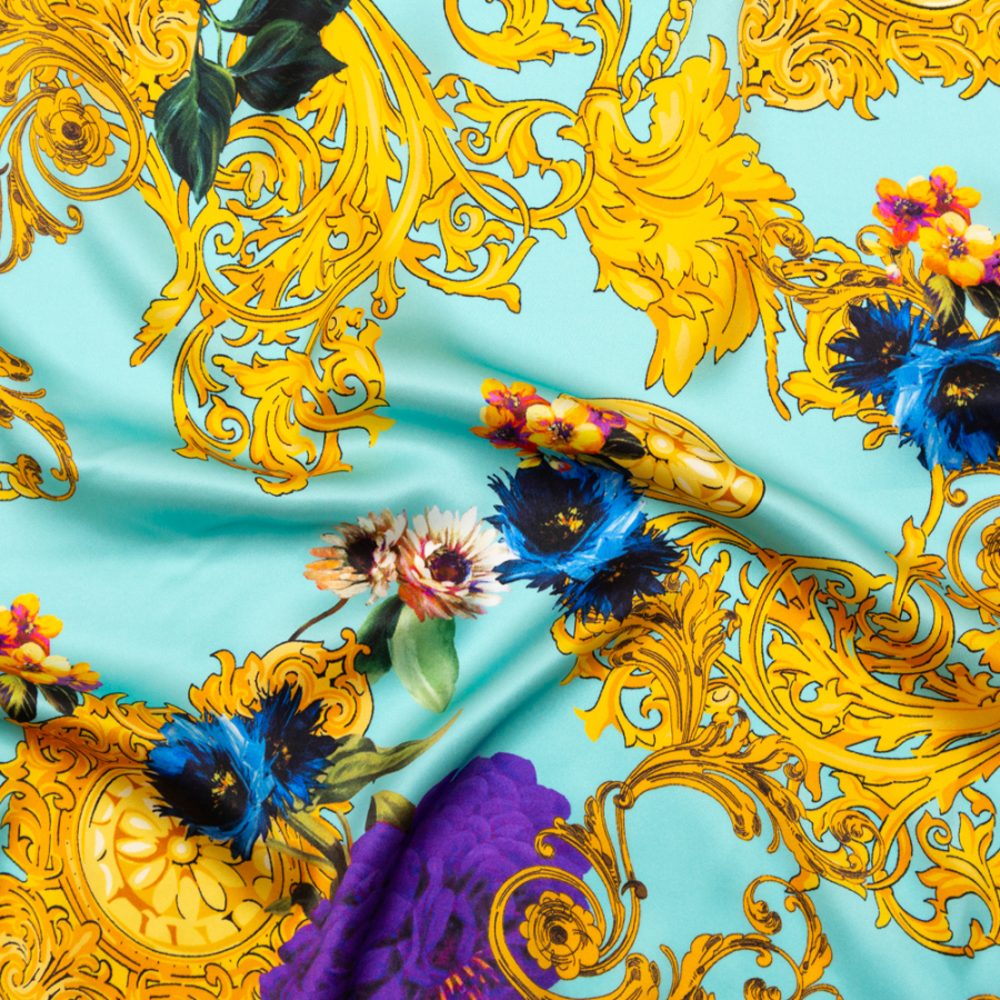 Italian Turquoise and Gold Ornate Floral Digitally Printed Silk Charmeuse | Mood Fabrics