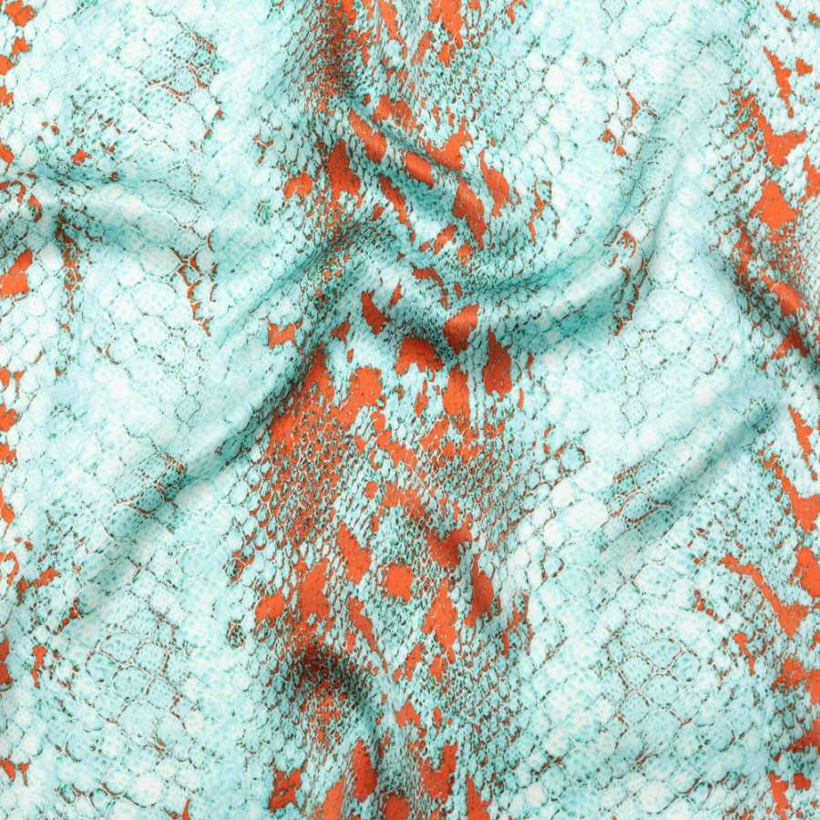 Italian Aqua and Chili Python Printed Silk Charmeuse | Mood Fabrics