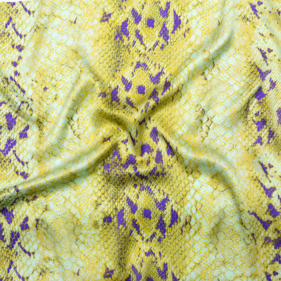 Italian Lime and Purple Python Printed Silk Charmeuse | Mood Fabrics