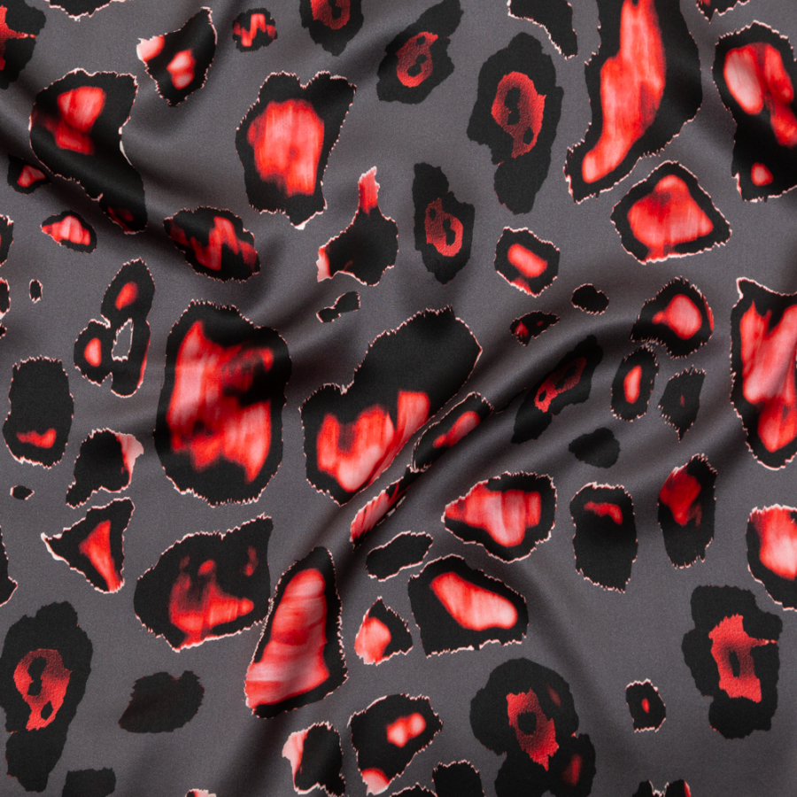 Italian Gray and Red Abstract Digitally Printed Silk Charmeuse | Mood Fabrics