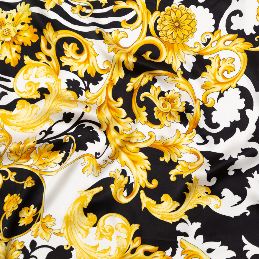 Italian Black, White and Gold Ornate Zebra Digitally Printed Silk Charmeuse | Mood Fabrics
