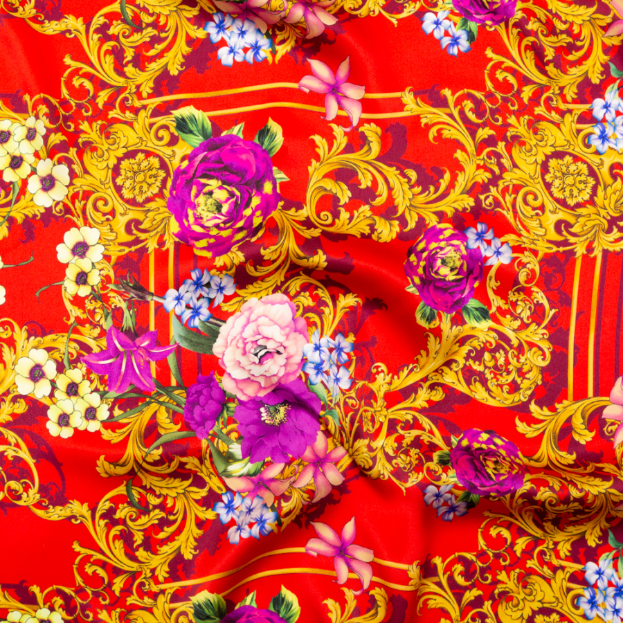 Italian Red, Gold and Purple Ornate Floral Digitally Printed Silk Charmeuse | Mood Fabrics