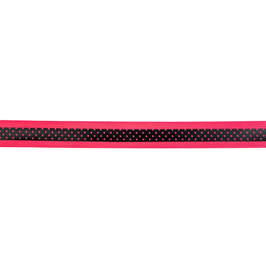 Italian Neon Pink and Black Polka Dot Striped Petersham Grosgrain Ribbon - 1 | Mood Fabrics