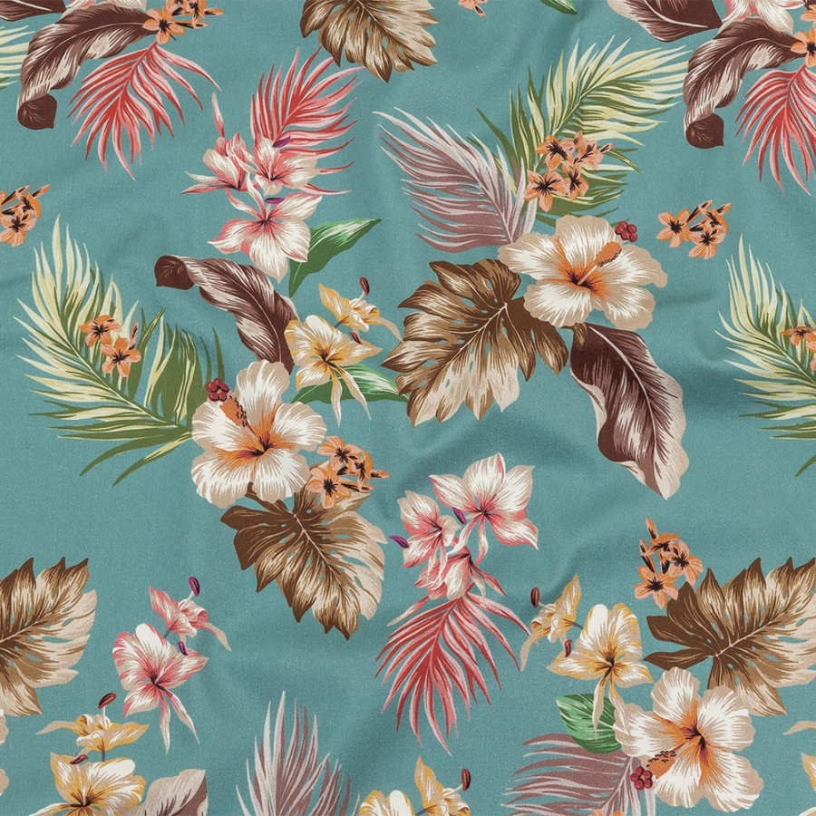 Mood Exclusive Turquoise Hibiscus Holiday Stretch Cotton Twill | Mood Fabrics