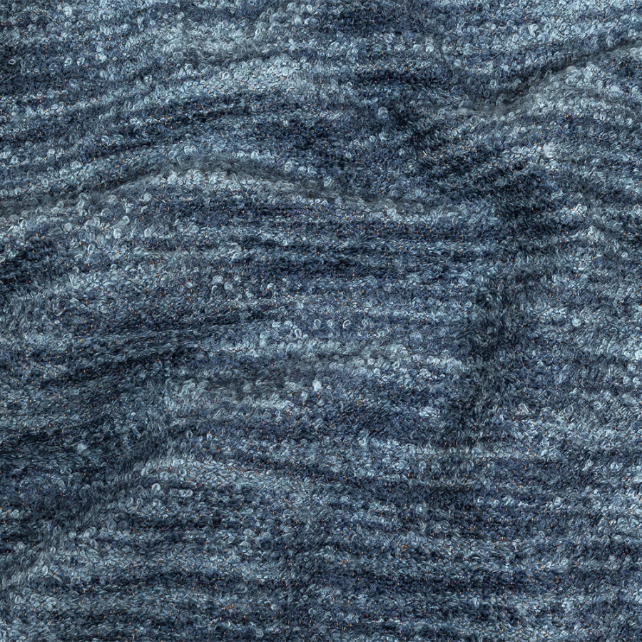 Navy Striated Upholstery Boucle with Tan Woven Backing | Mood Fabrics