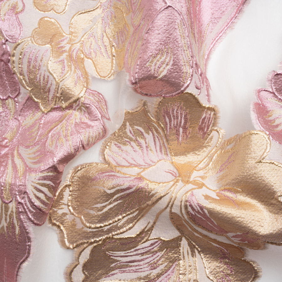 Metallic Pink, Gold and White Floral Luxury Burnout Brocade Panel | Mood Fabrics
