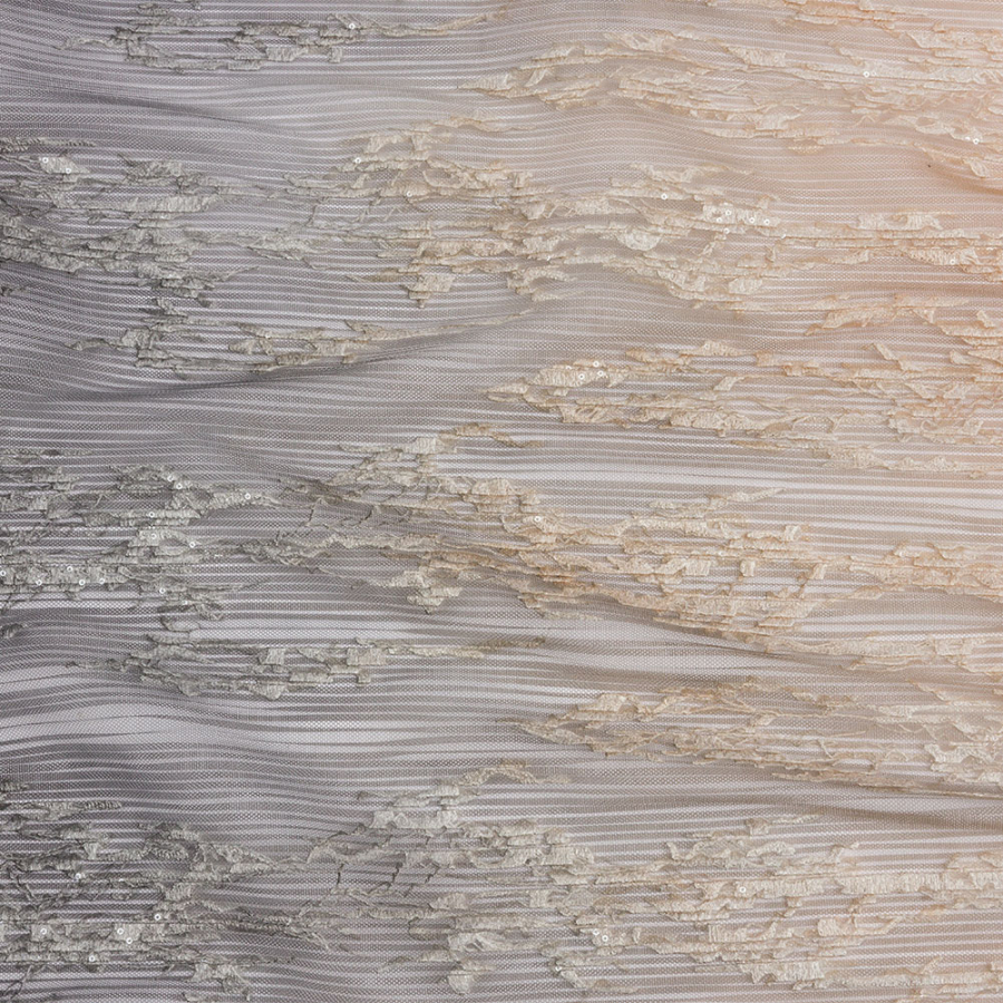 Sequoia Black and Taupe Ombre Abstract Embroidered and Sequined Soft Pleated Tulle | Mood Fabrics