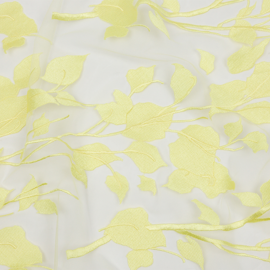Magnolia Lemon Leafy Branches Embroidered Tulle Lace | Mood Fabrics