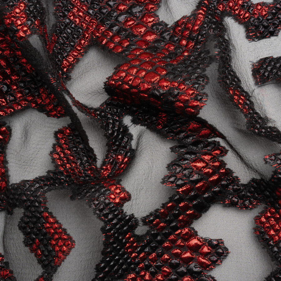 Metallic Red and Black Snakeskin Sprawl Burnout Luxury Brocade | Mood Fabrics