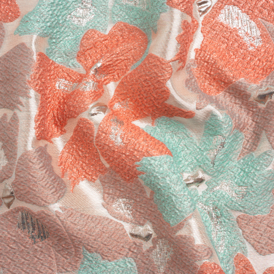 Metallic Silver, Coral and Turquoise Floating Blossoms Luxury Brocade | Mood Fabrics