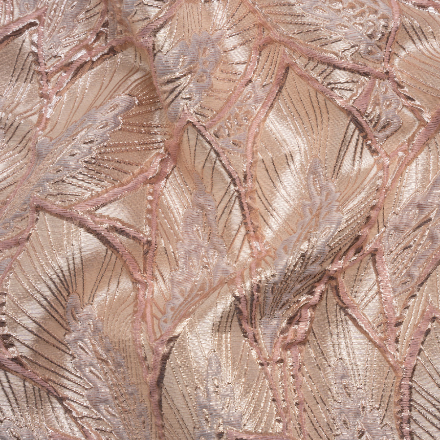 Metallic Baby Pink, Silver and Cream Decorated Feathers Luxury Brocade | Mood Fabrics