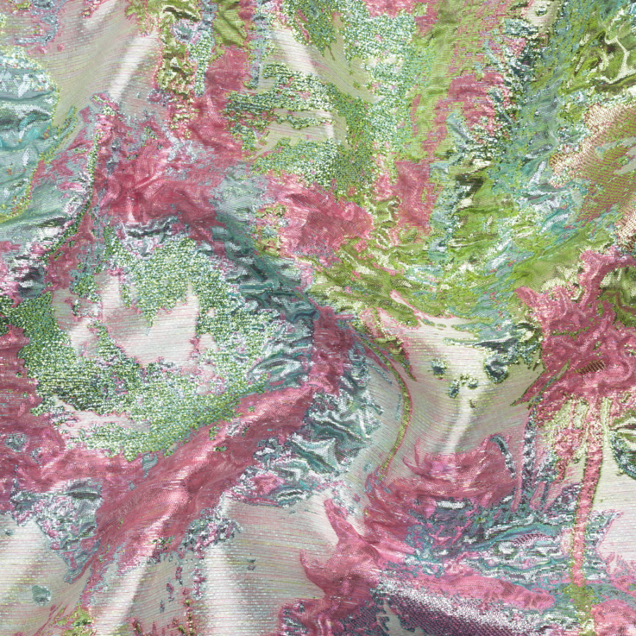 Metallic Green, Sky Blue and Pink Garden of Abstraction Luxury Brocade | Mood Fabrics