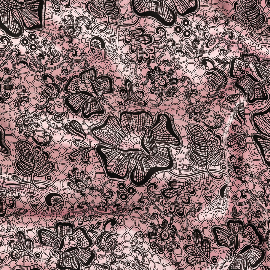 Pink and Black Floral Lace Printed Stretch Polyester and Cotton Satin | Mood Fabrics