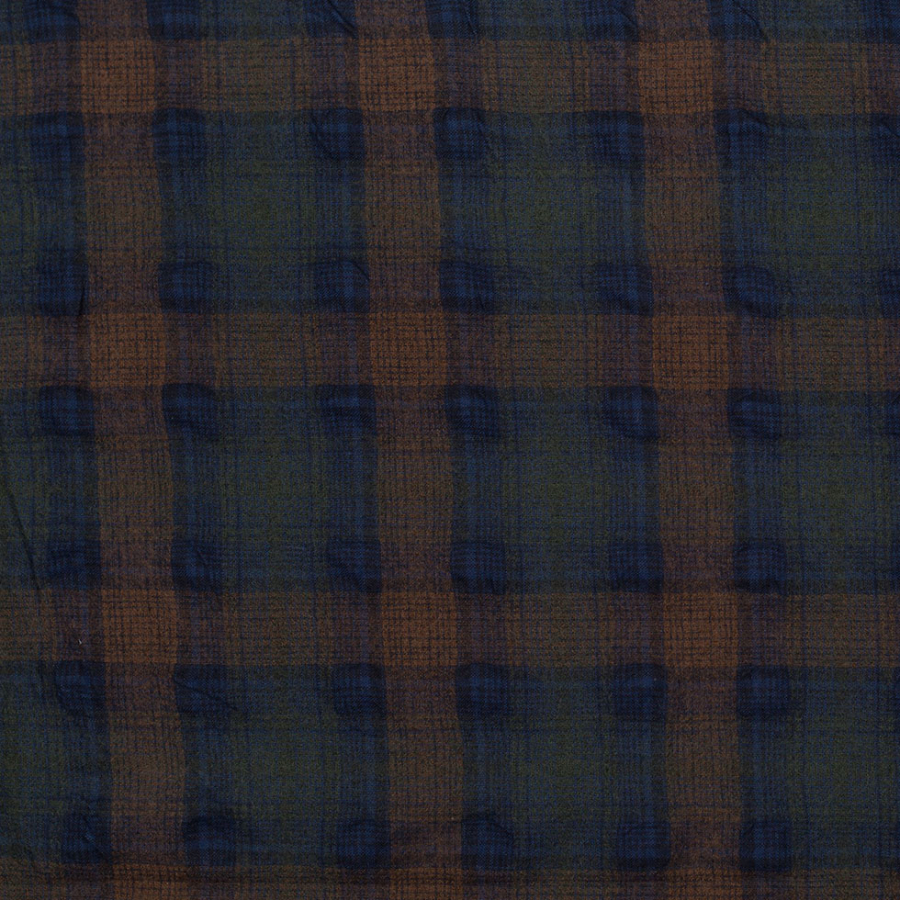 Famous NYC Designer Green, Blue and Butter-rum Plaid Lightweight Dimpled Wool | Mood Fabrics