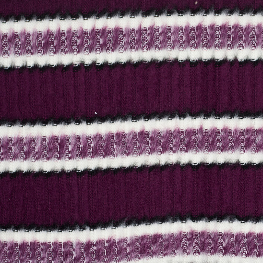 Italian Magenta Purple, Black, and White Striped Acrylic Rib Knit | Mood Fabrics