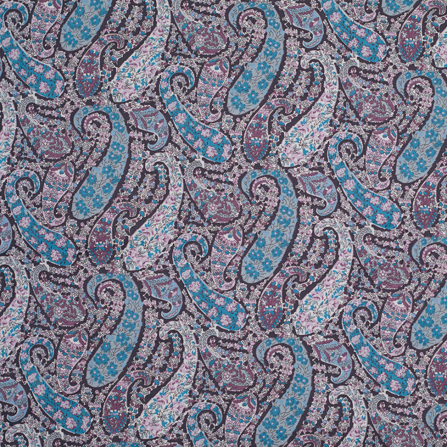 Blue and Black Floral Paisley Lightweight Cotton Poplin | Mood Fabrics