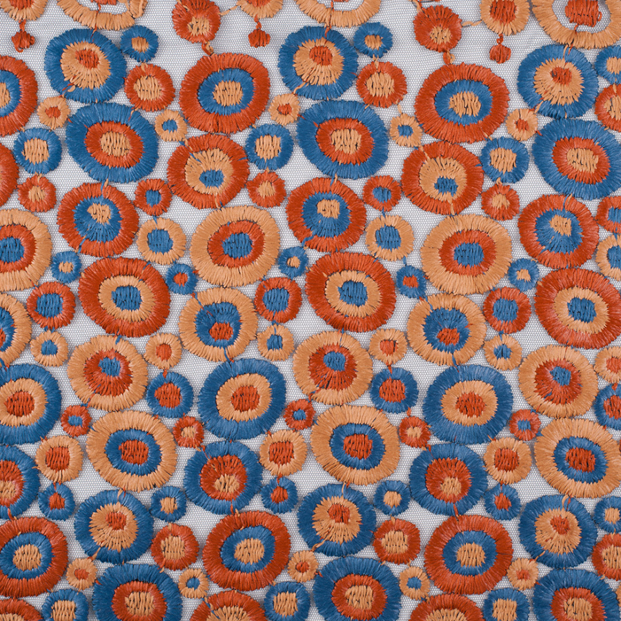Orange/Blue/Beige Embroidered Circles on Polyester Netting | Mood Fabrics