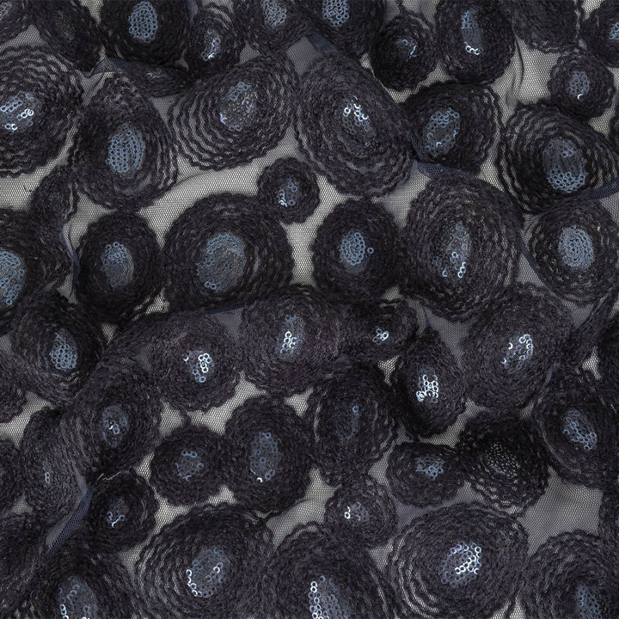 Midnight Sky and Dress Blues Fuzzy Sequined Embroidered Circles on Navy Stretch Mesh | Mood Fabrics