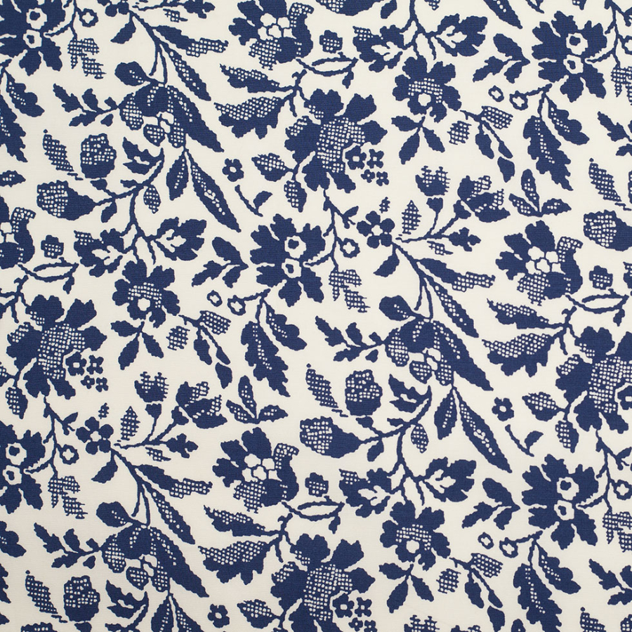 Antique White/Navy Floral Printed Stretch Cotton Poplin | Mood Fabrics