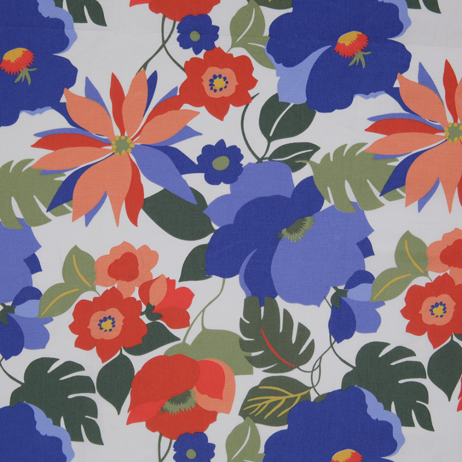 Blue/Orange Floral Stretch Cotton Twill | Mood Fabrics