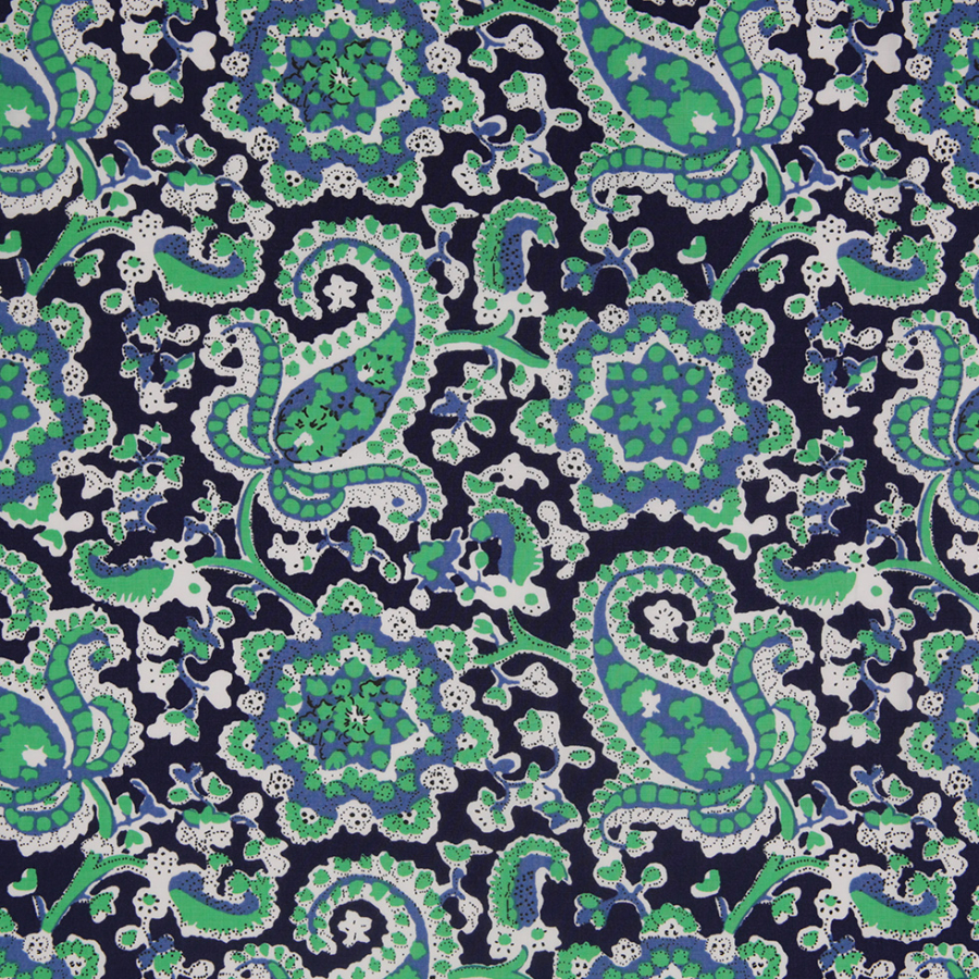 Navy/Bright Green Paisley Printed Stretch Cotton Poplin | Mood Fabrics