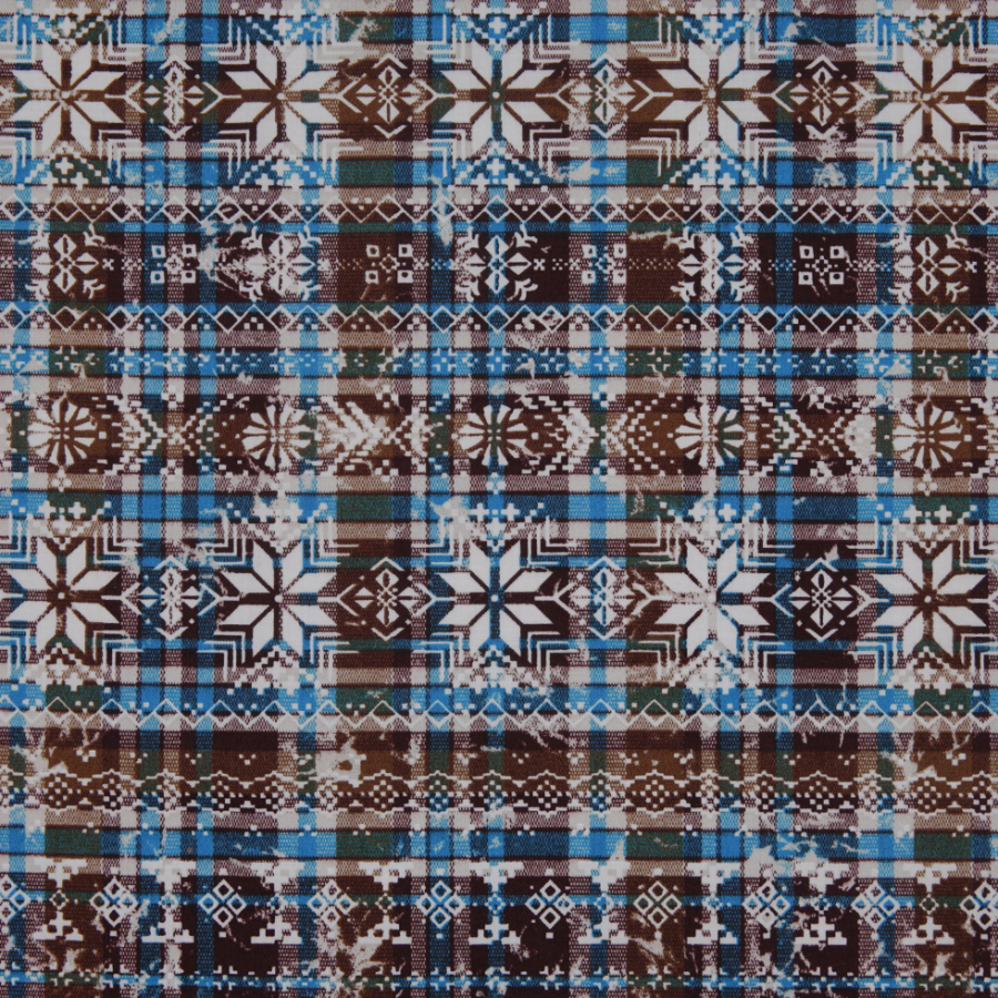Blue/Brown Snowflake Printed Plaid Stretch Cotton Twill | Mood Fabrics