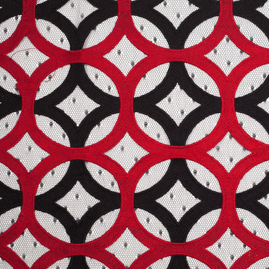 Black and Red Circular Geometric Nylon Lace with Netting | Mood Fabrics