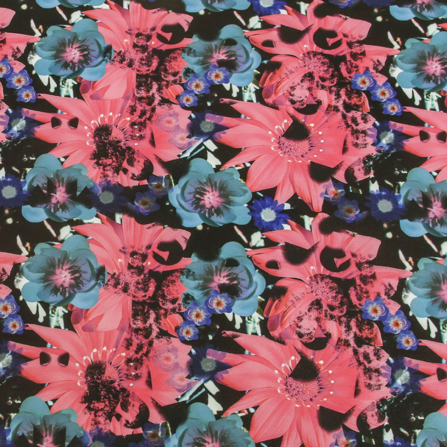 Pink/Green Collaged Floral Digitally Printed Stretch Neoprene/Scuba Knit | Mood Fabrics