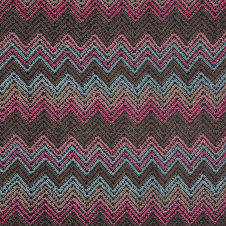 Pink/Blue/Gray Zig Zag Crochet Printed Polyester Chiffon | Mood Fabrics