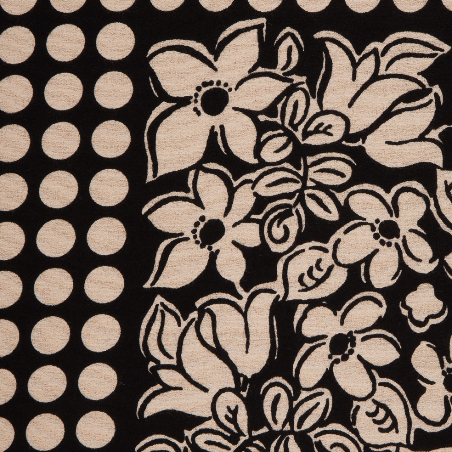 Famous Designer Black/Beige Floral and Polka Dotted Printed Rayon Crepe Panel | Mood Fabrics