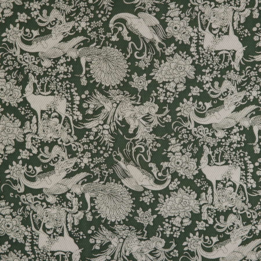 Famous NYC Designer Green Peacock and Deer Printed Rayon Twill | Mood Fabrics