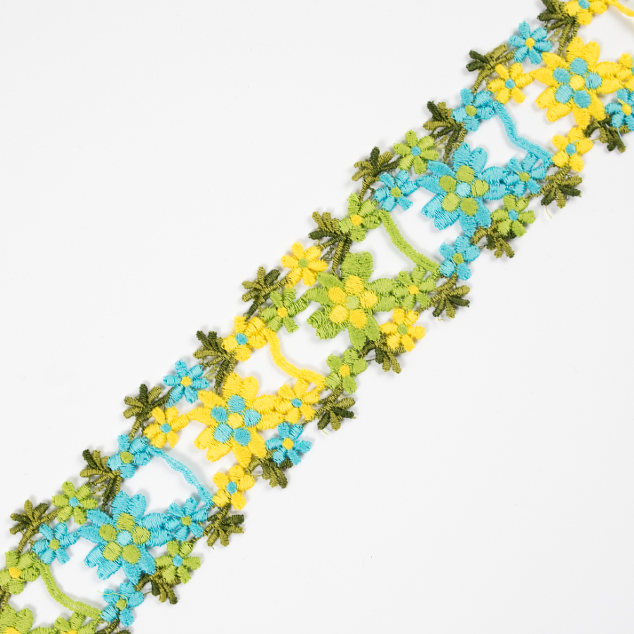 Blue Yellow and Green Flower Lace Trim - 2 | Mood Fabrics