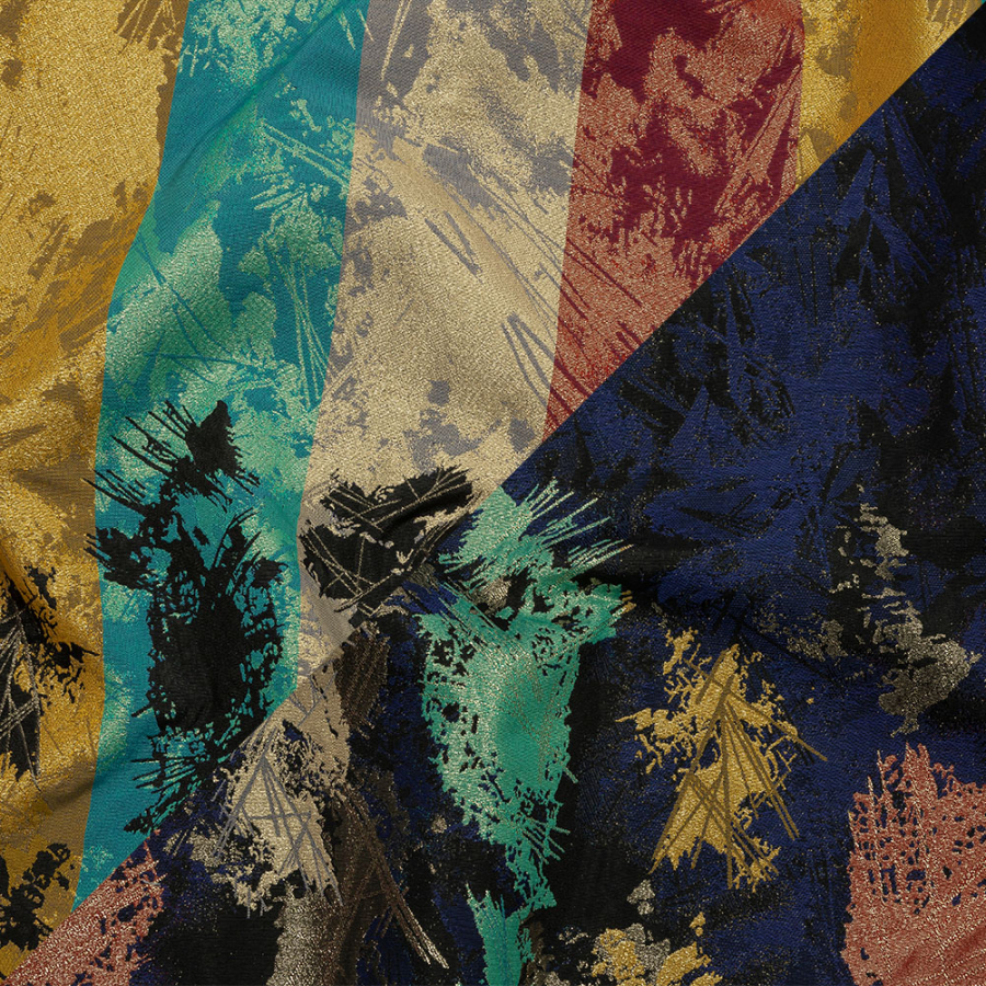 Metallic Gold/Estate Blue/Turquoise/Grenadine Striped Floral Polyester Brocade/Jacquard Panel | Mood Fabrics
