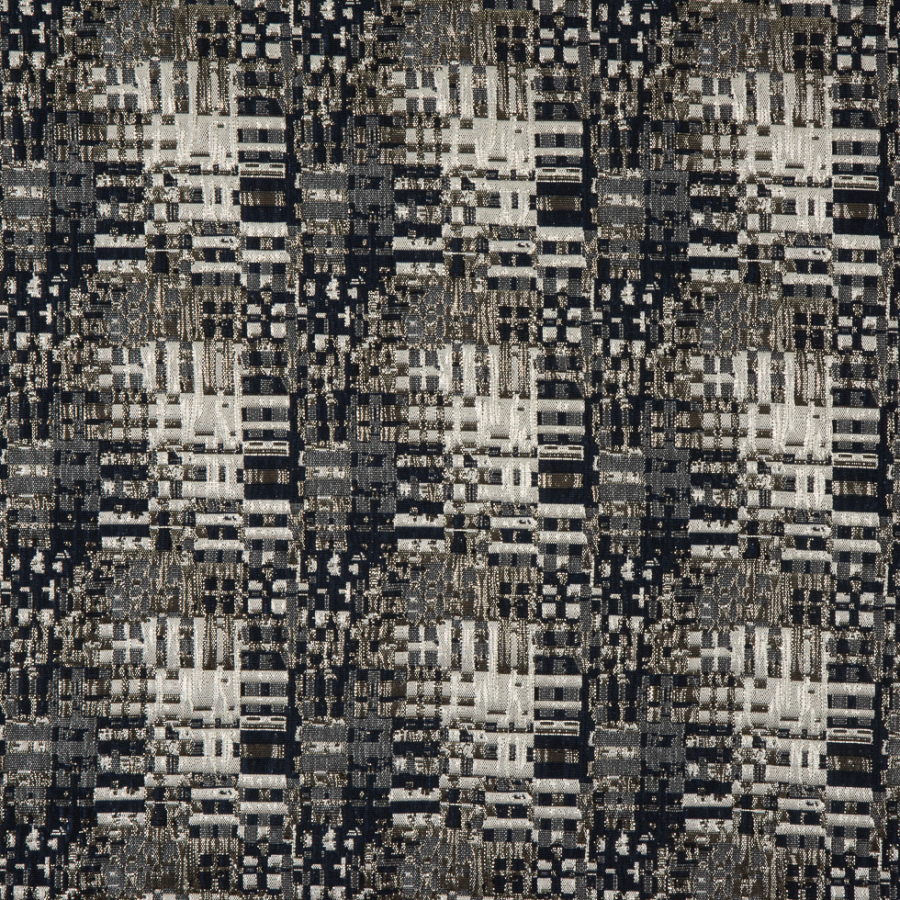 Metallic Silver/Patriot Blue/Ivory Abstract Geometric Polyester Brocade | Mood Fabrics