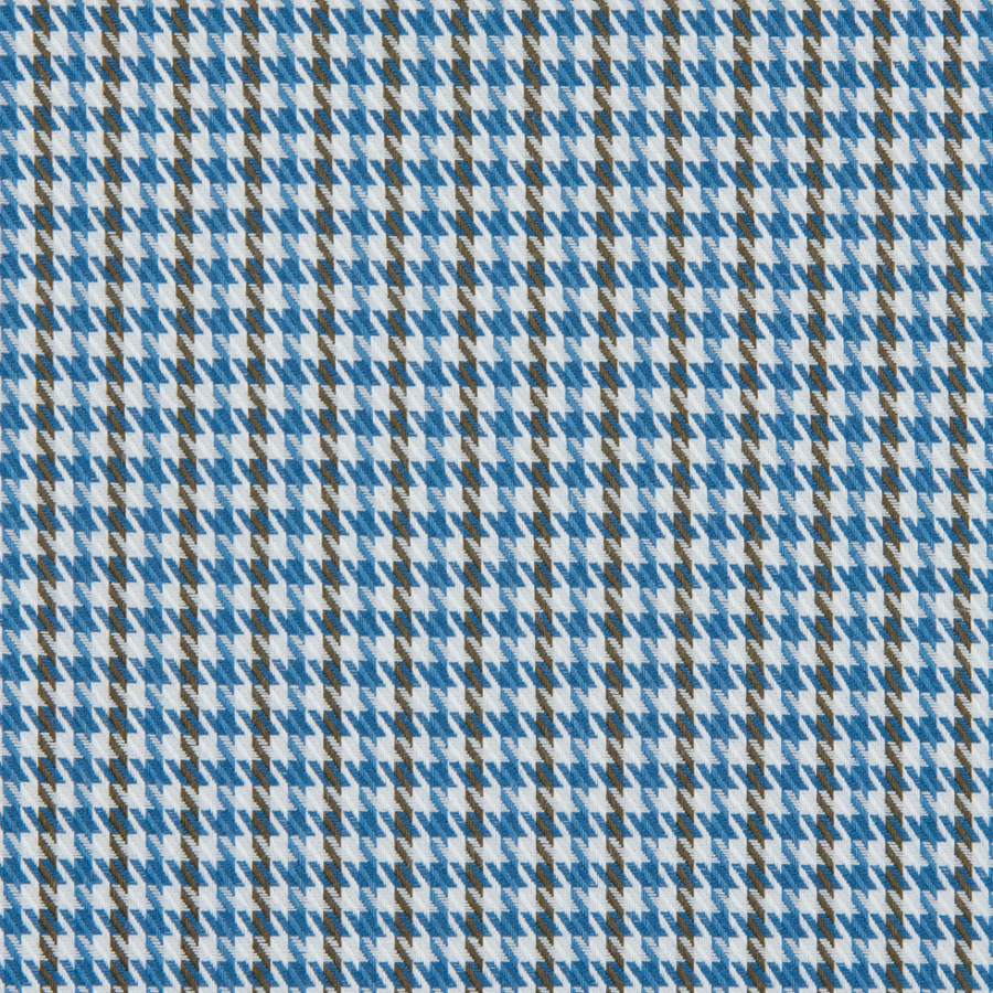 Famous NYC Designer Palace Blue/White/Cub Brown Striped Houndstooth Cotton Twill | Mood Fabrics