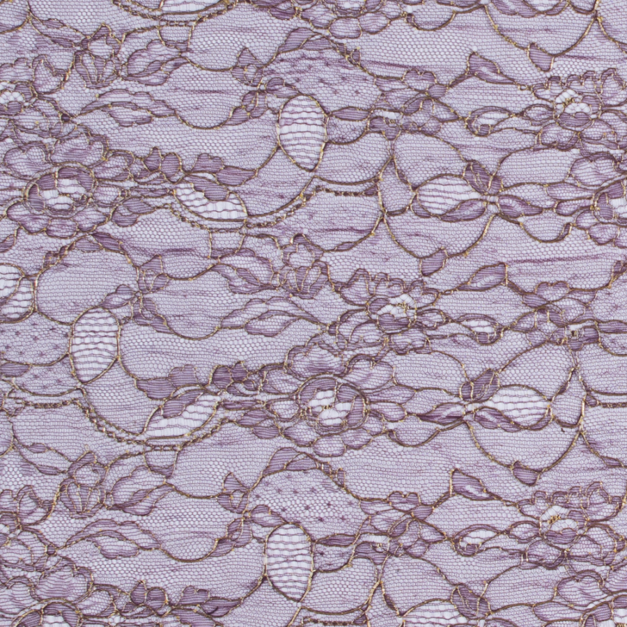 Amethyst/Gold Metallic Re-embroidered Lace w/ Scalloped Eyelash Edges | Mood Fabrics