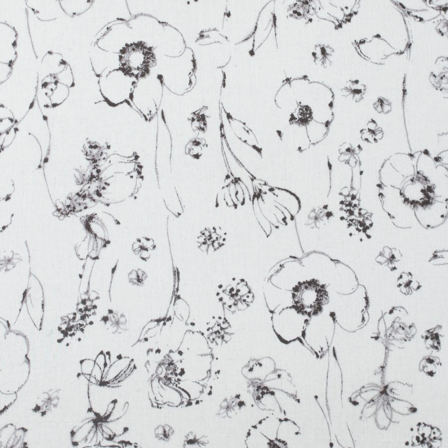 Cloud Dancer and Gray Floral Printed Crinkled Cotton Gauze | Mood Fabrics