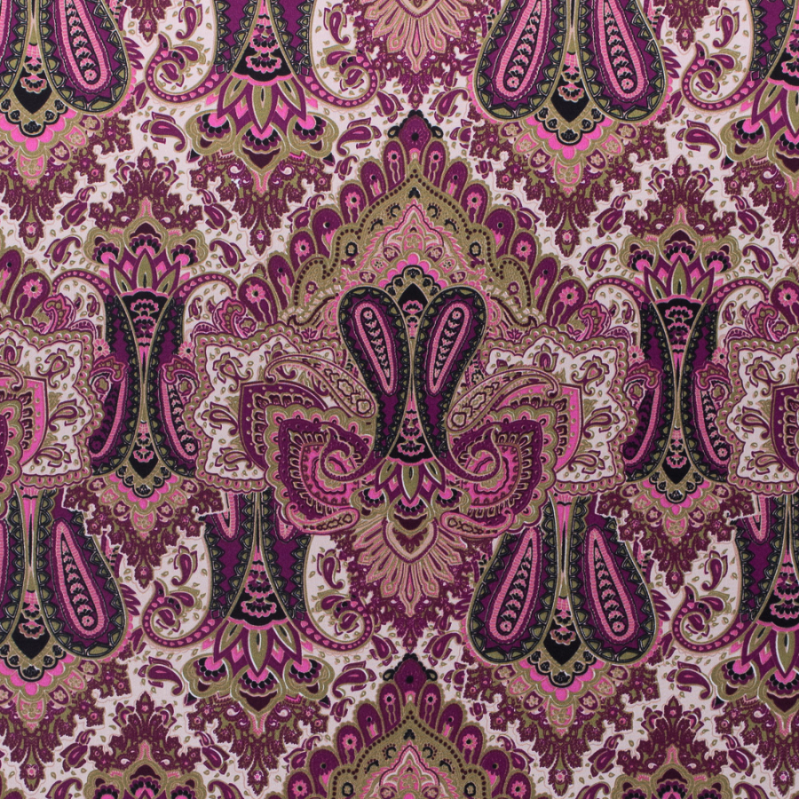 Purple/Pink/Green Paisley Printed Corded Cotton Sateen | Mood Fabrics