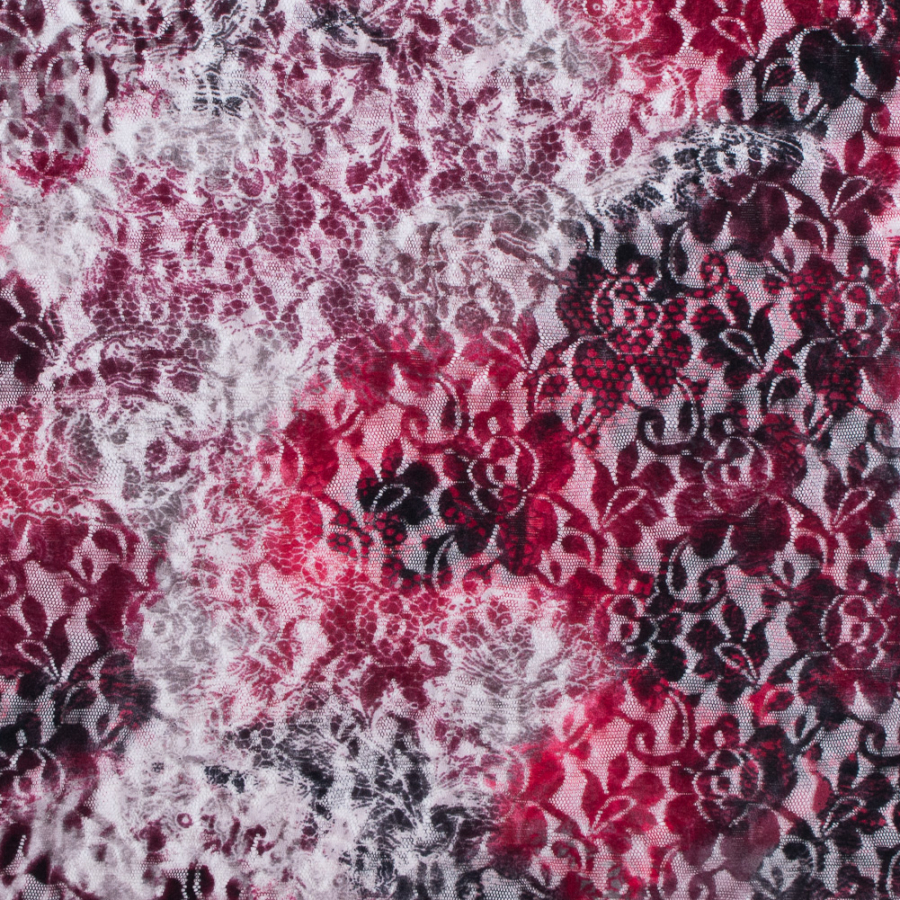 Red and Black Tie Dye Floral Stretch Lace | Mood Fabrics
