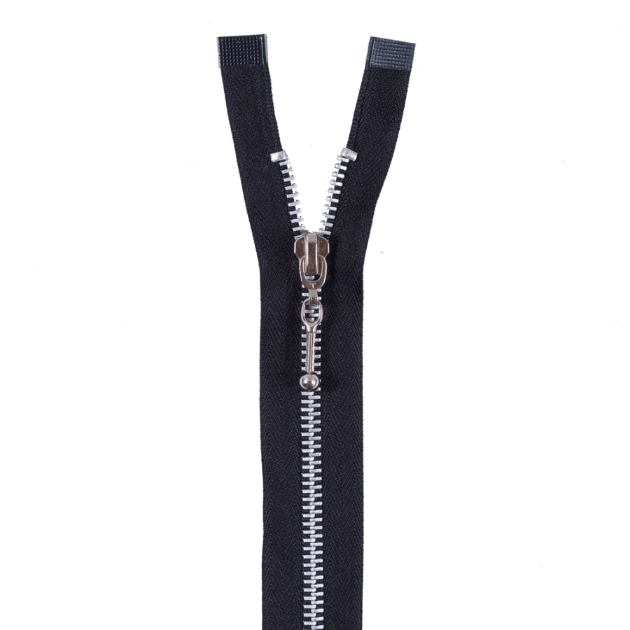 Black Metal Separating Zipper with Silver Aluminum Pull and Teeth - 20 | Mood Fabrics