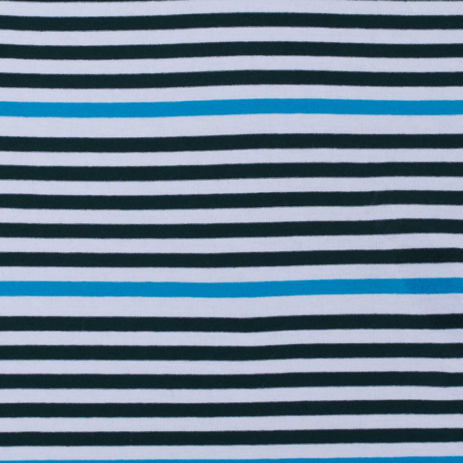 Italian Green/Surf Blue/White Bengal Striped Stretch Rayon Jersey Knit | Mood Fabrics