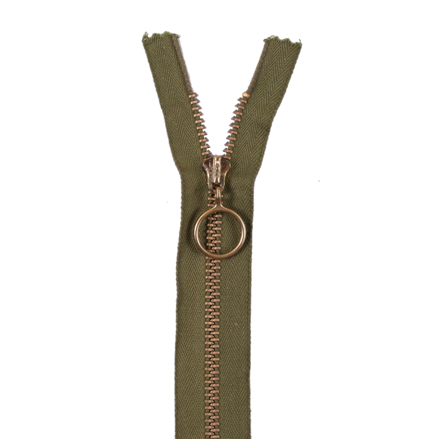 Olive Metal Zipper with Gold Pull and Teeth - 10 | Mood Fabrics