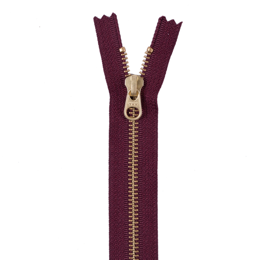 Dark Tuscan Red Metal Zipper with Gold Pull and Teeth - 4 | Mood Fabrics
